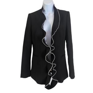 Zara Size Small Woman Black Blazer Ruffled front w/ white piping #139
